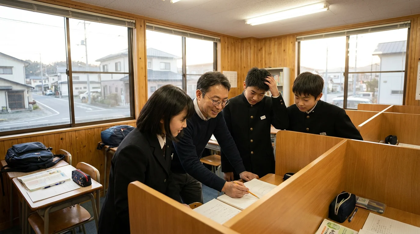 個別ブースで講師と生徒が同じ問題集を見ながら学習する様子