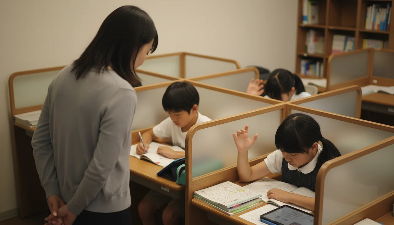 個別ブースでノートを見ながら生徒の学習を見守る講師