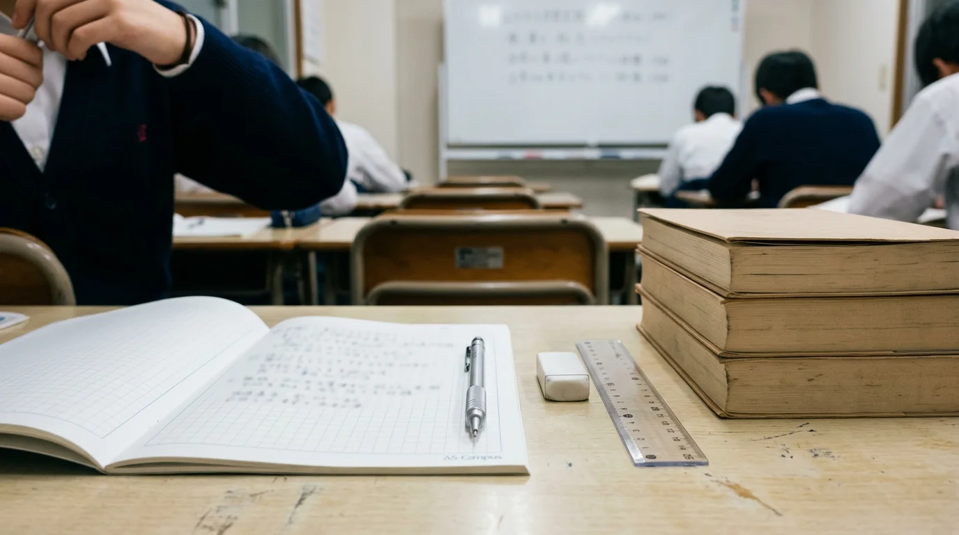 机の上に整然と置かれた教科書、ノート、筆記用具と学習用の資料