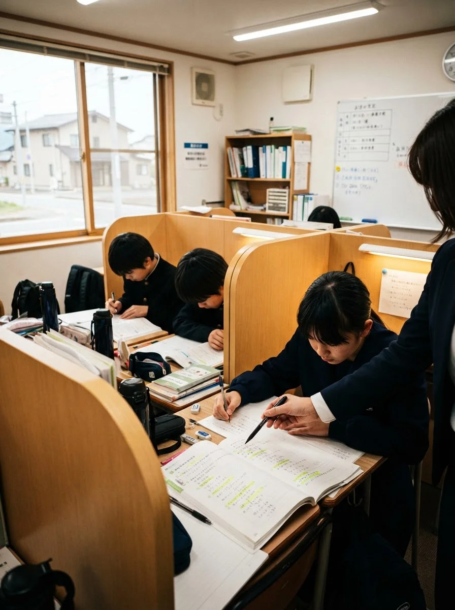生徒の机の横でノートを確認しながら穏やかに話す講師